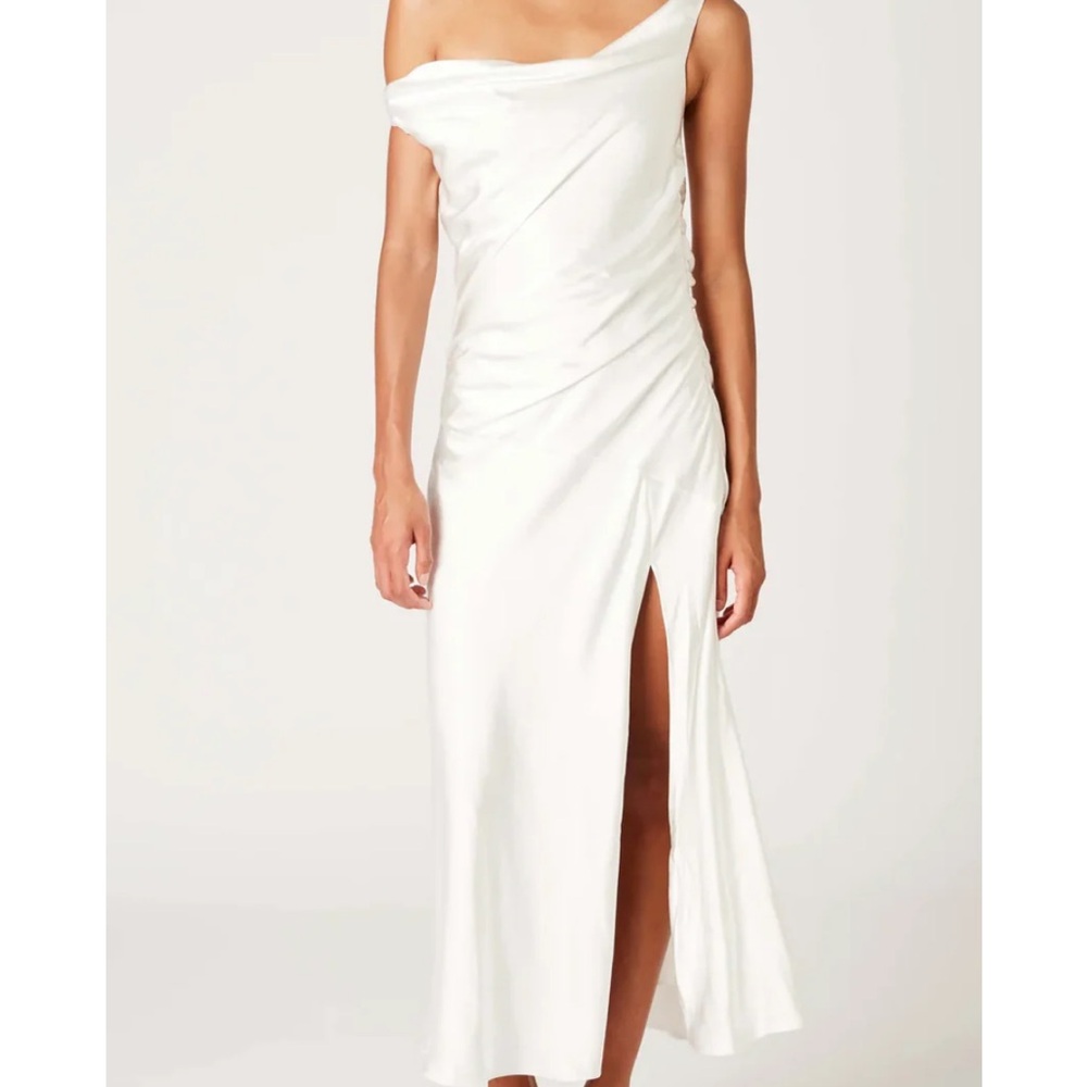 White Asymmetrical Off Thr Shoulder Gown with Slit